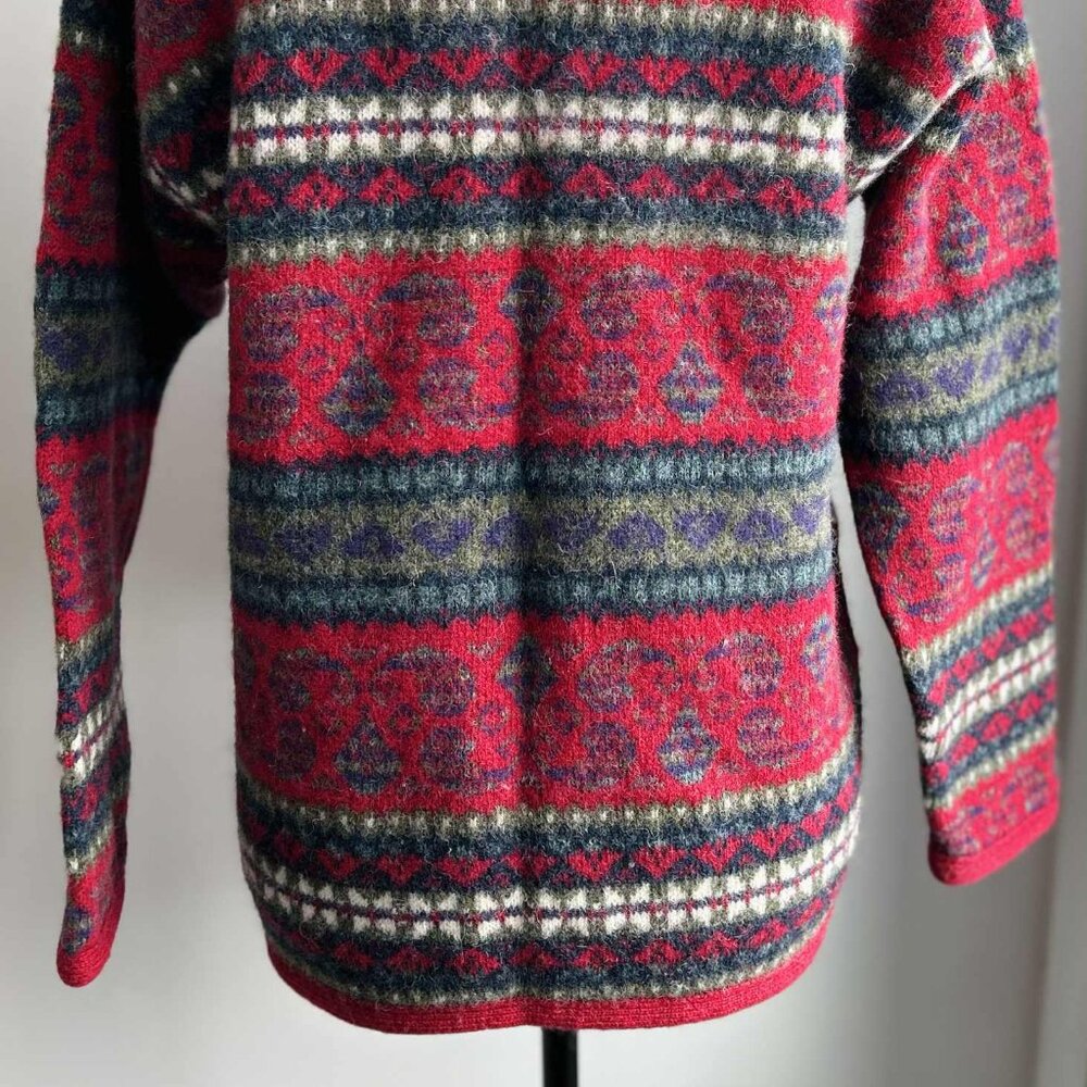 Vintage Simons Cerise & Multicolor Fair Isle Pure Shetland Wool Cardigan – US L - Picture 10 of 14